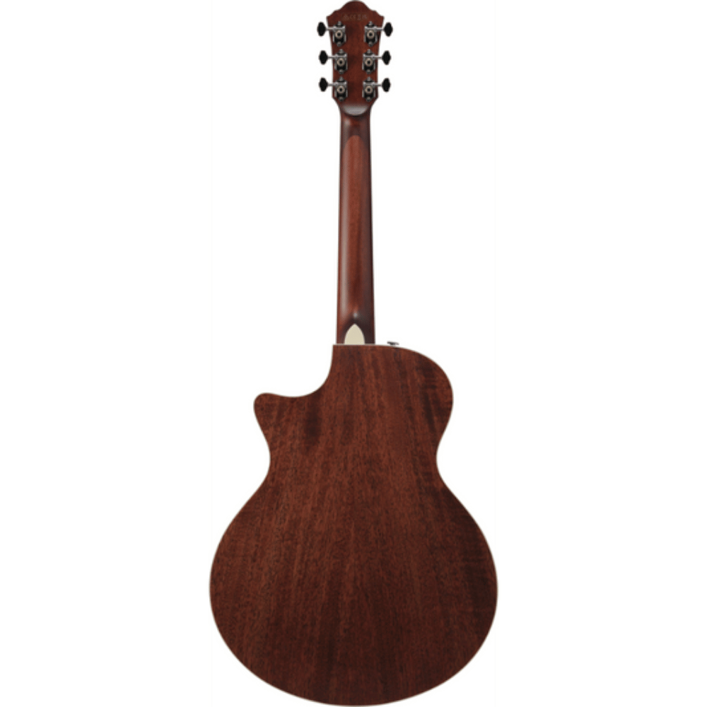 Acoustic guitar with a dark brown finish on a white background