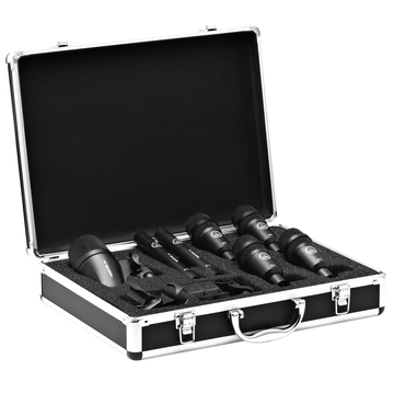 Set of microphones in a black case on a white background
