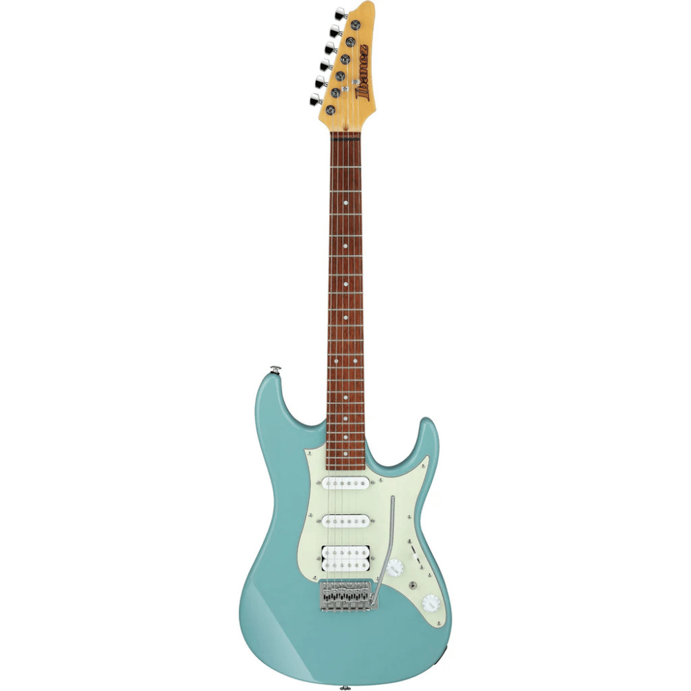Turquoise electric guitar with a white pickguard on a white background