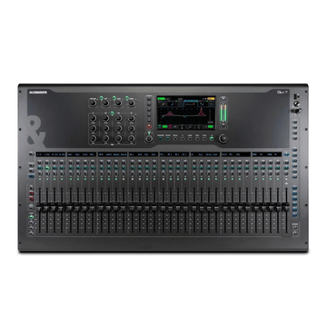 Large audio mixing console with control panels and display on a white background