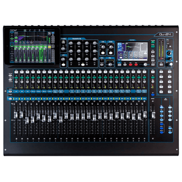 Large audio mixing console with various controls and displays on a white background
