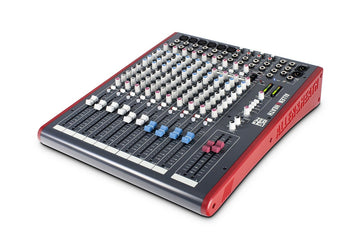 Sound mixing console with red and gray design on a white background