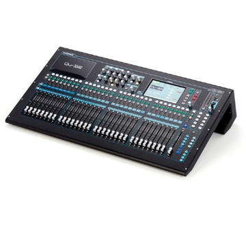 Large audio mixing console on a white background