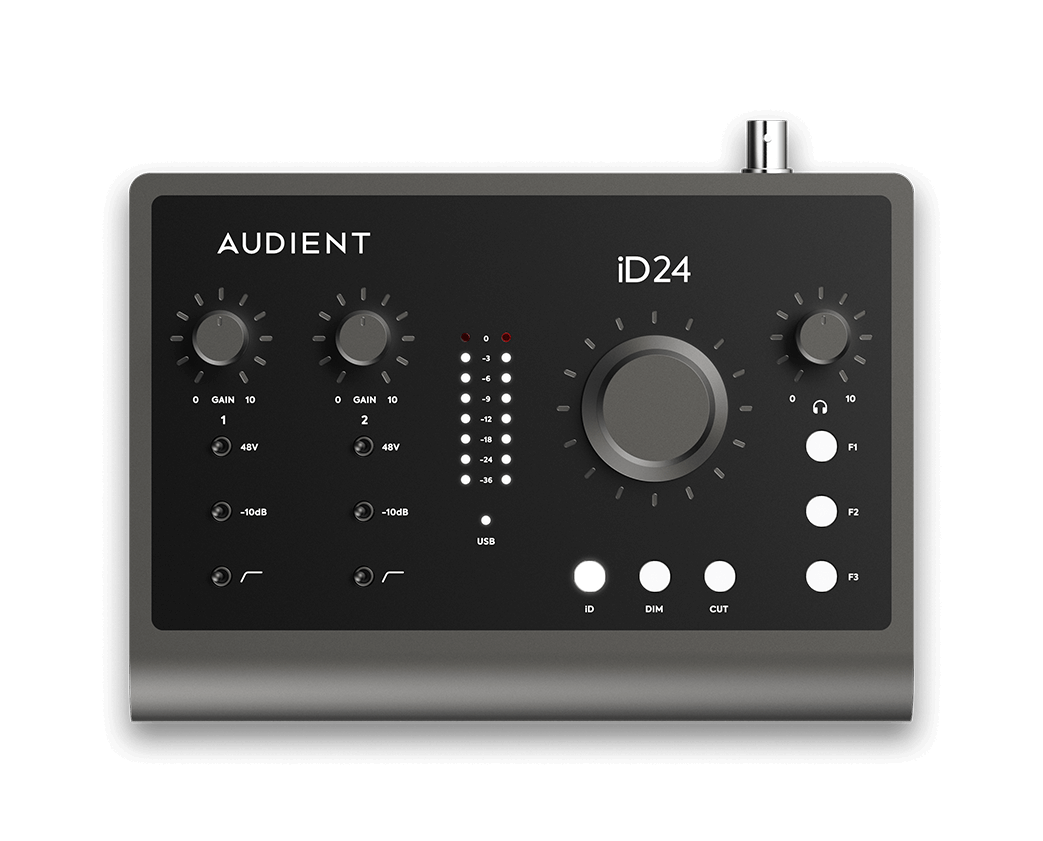 Audient iD24 audio interface on a black background
