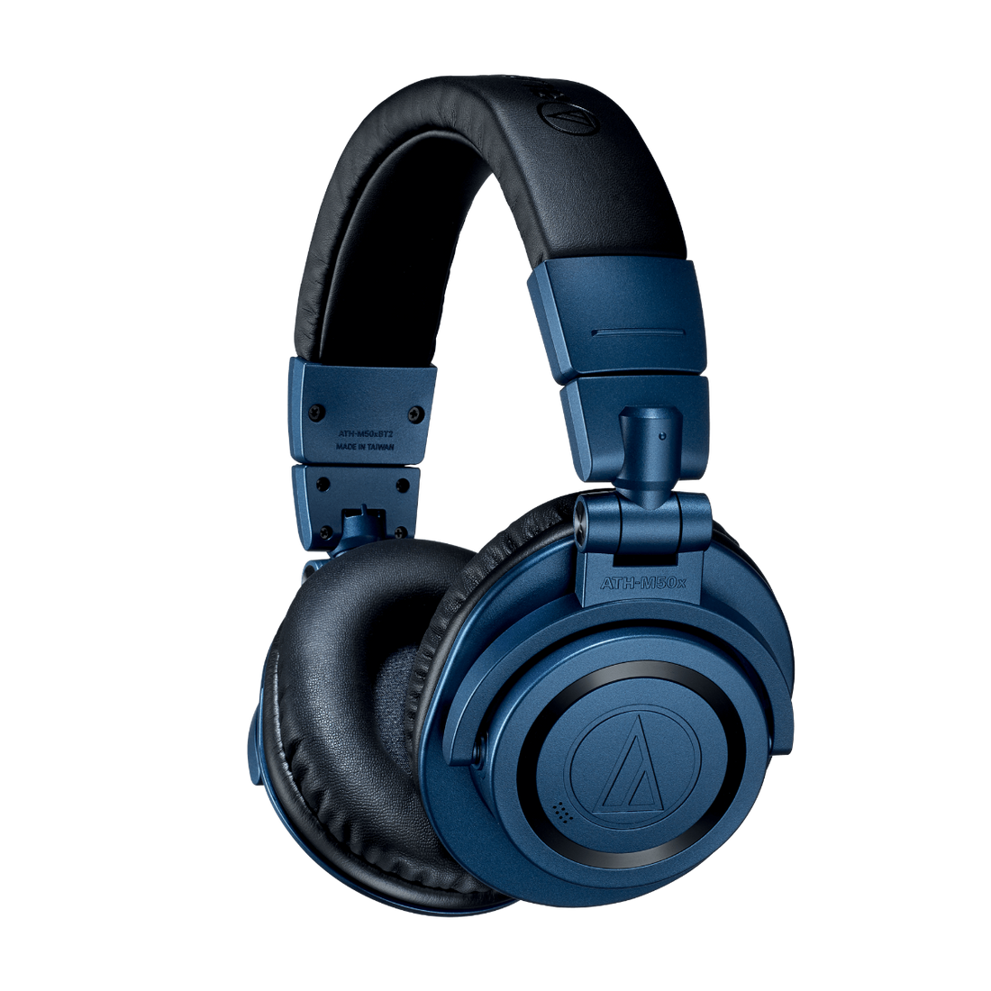 Blue headphones with a brand logo on a white background