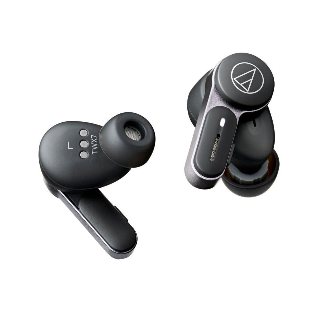 Black wireless earbuds with a brand logo on a white background