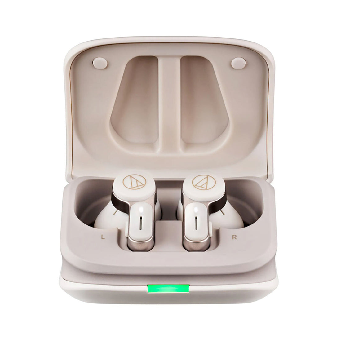 Wireless earbuds in a beige charging case on a white background