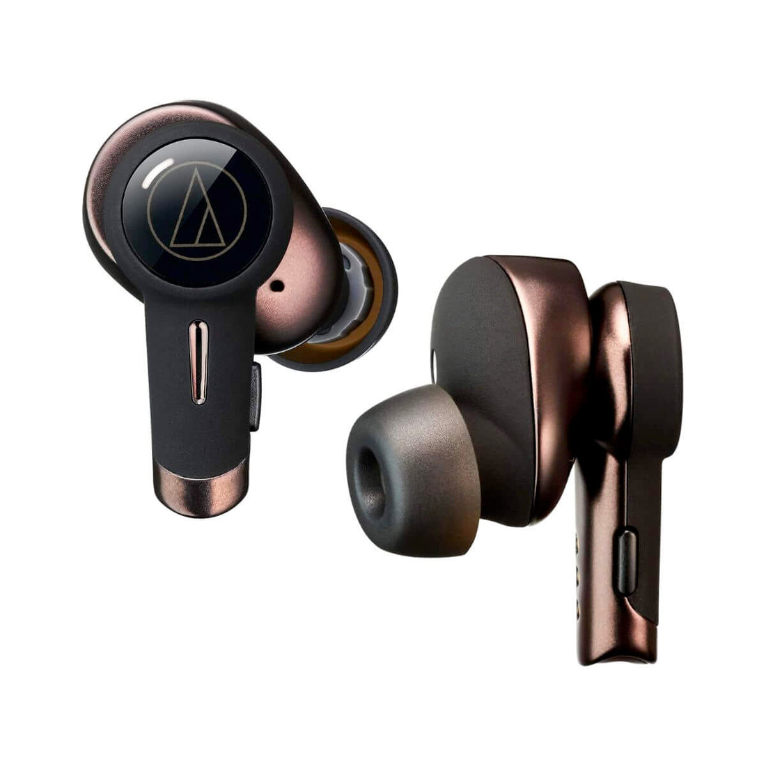 Pair of black and bronze wireless earbuds on a white background
