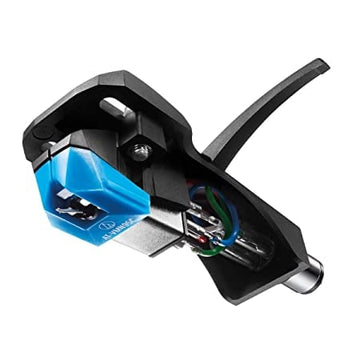 Cartridge for a turntable with blue and black design on a white background