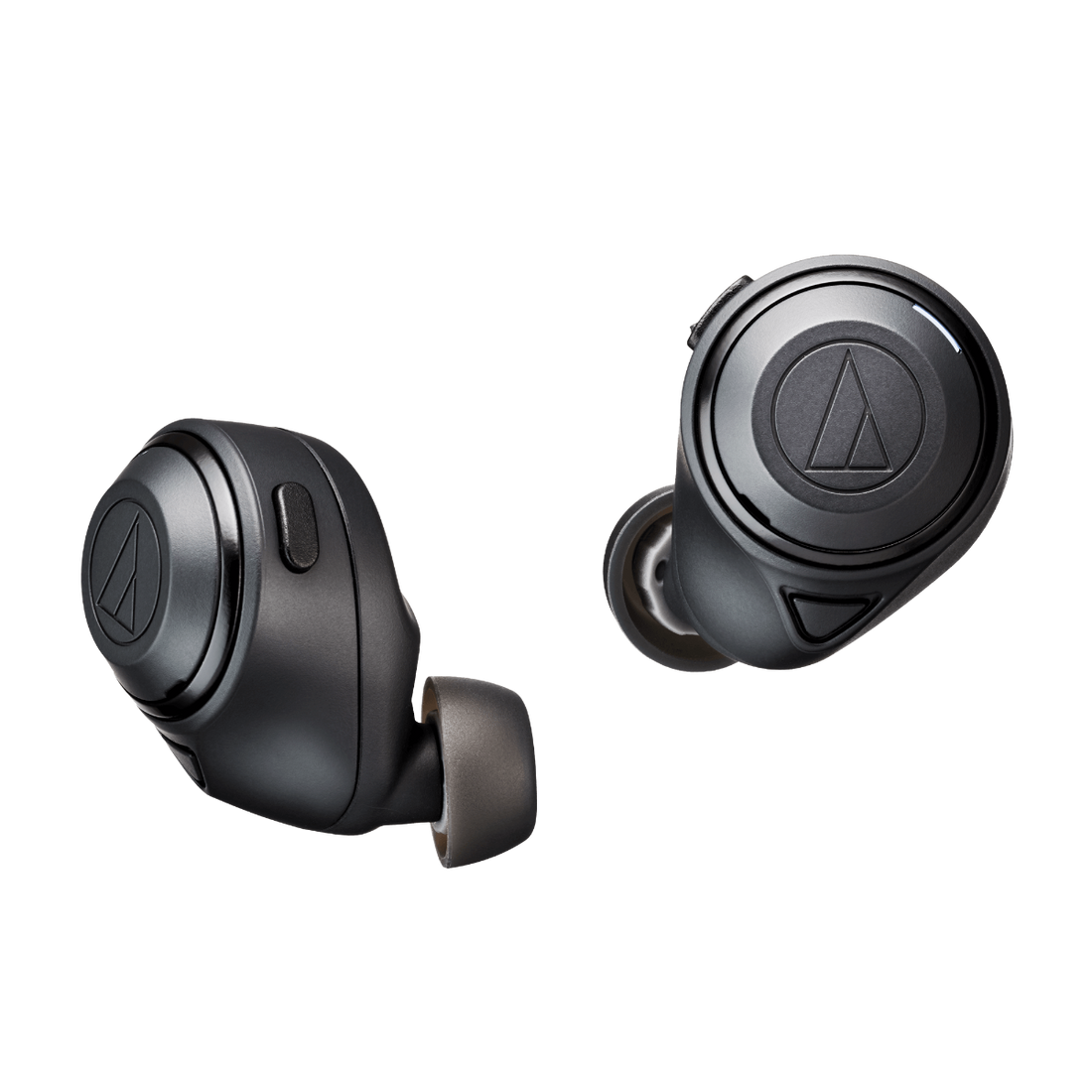 Black wireless earbuds with Audio-Technica logo on a white background