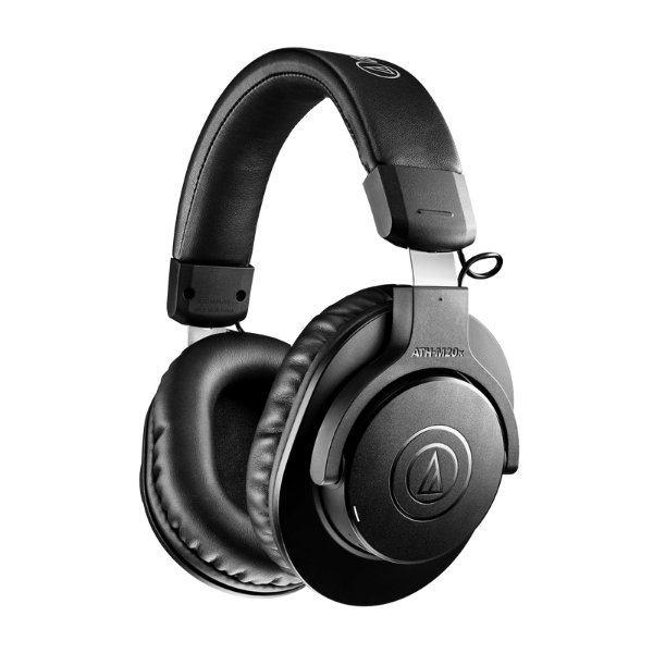 Black headphones with brand logo on a white background