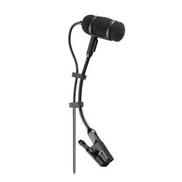 Black lavalier microphone with clip on a white background