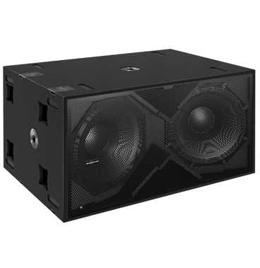 Black double-woofer speaker on a white background