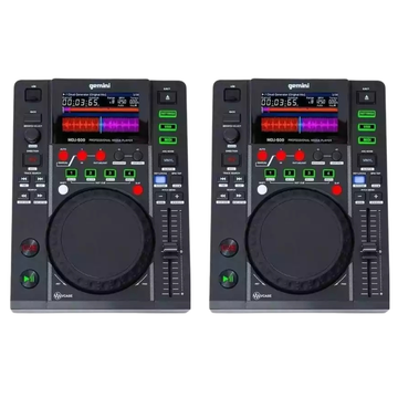 Two Gemini DJ CD players on a white background