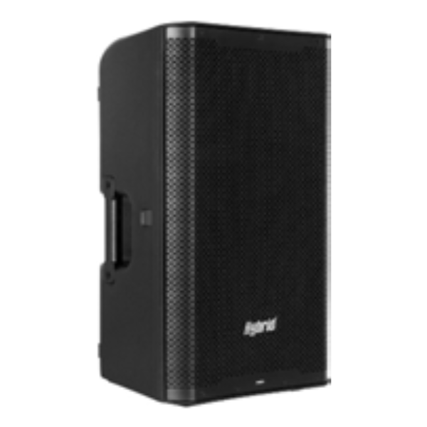 Black speaker with 'Hybrid' branding on a white background