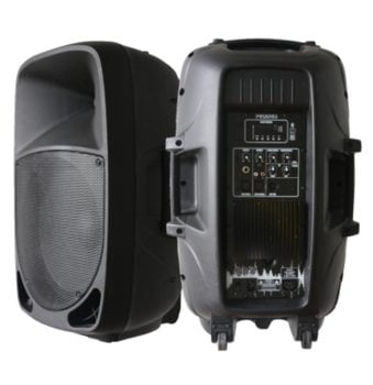 Black speaker with control panel on a white background