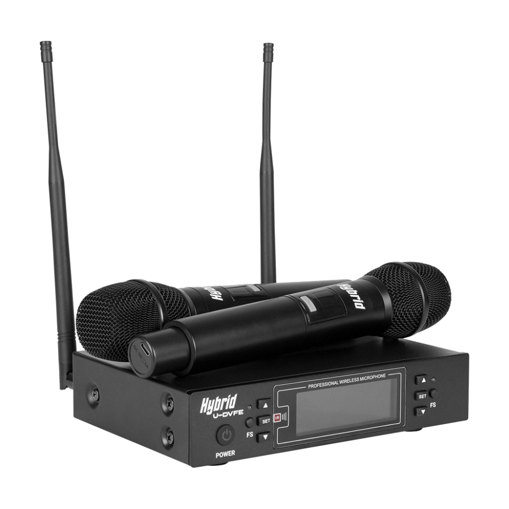 Hybrid UHF wireless microphone system with two handheld mics on a white background