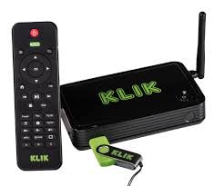 KLIK electronic device with remote control and antenna on a white background