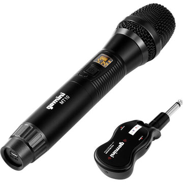 Black wireless microphone transmitter and receiver on a white background