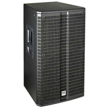 Black speaker with brand logo on a white background