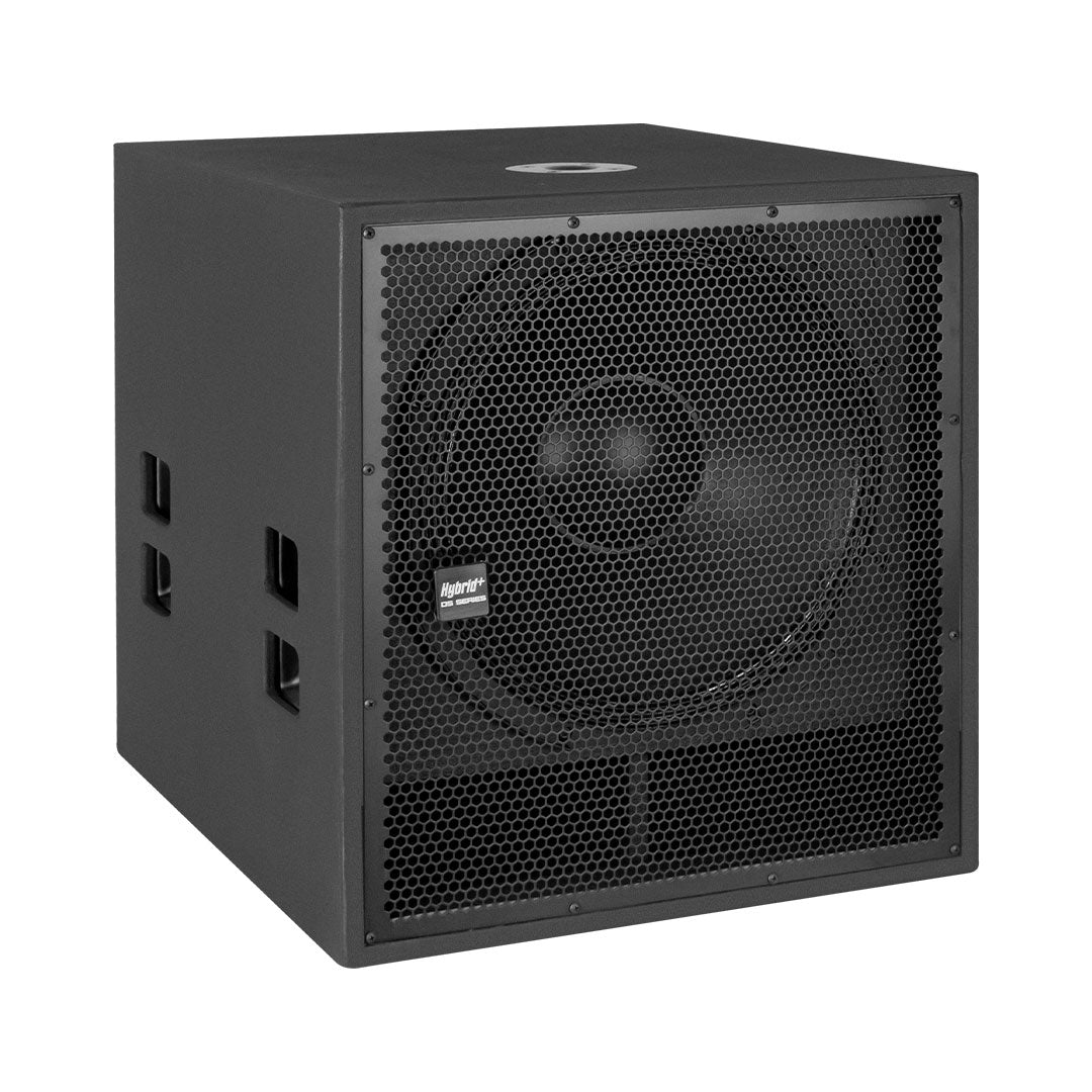 Black subwoofer with visible brand logo on a white background