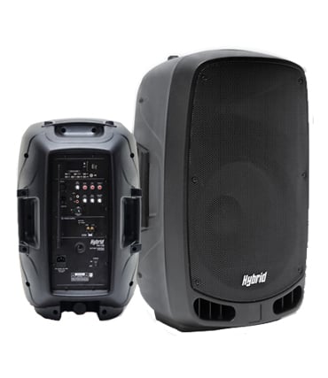 Hybrid PA12B 12-inch portable PA speaker with Bluetooth, USB, FM radio and wireless microphone.
