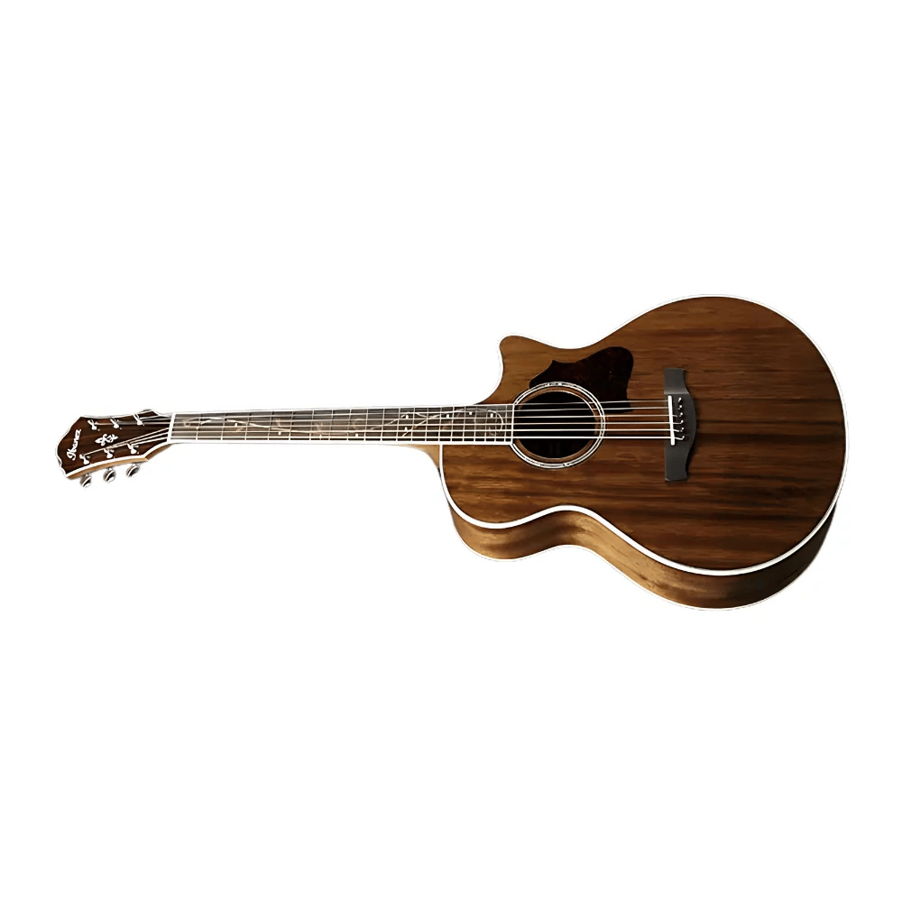 Acoustic guitar with a wooden finish on a white background