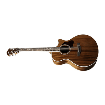 Acoustic guitar with a wooden finish on a white background
