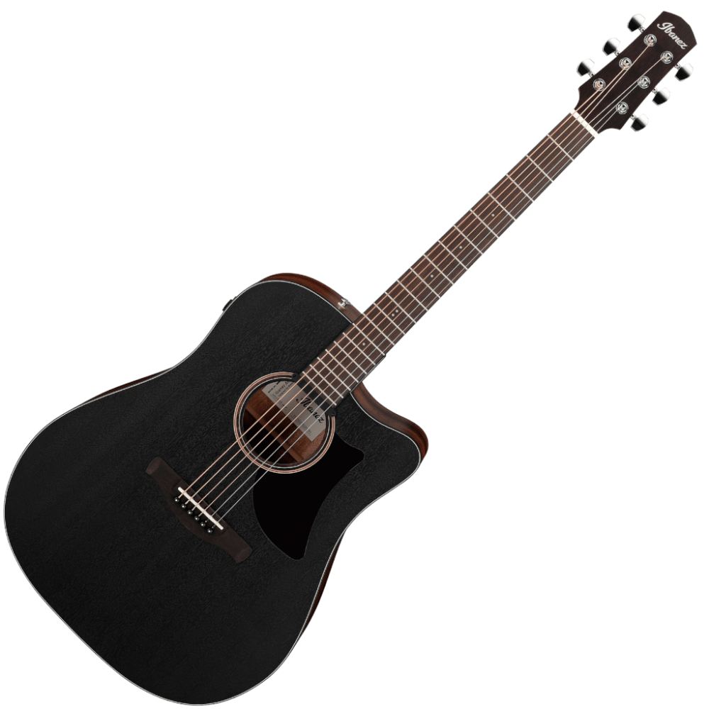 Black acoustic guitar on a white background