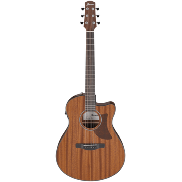 Acoustic guitar with a wooden finish on a white background