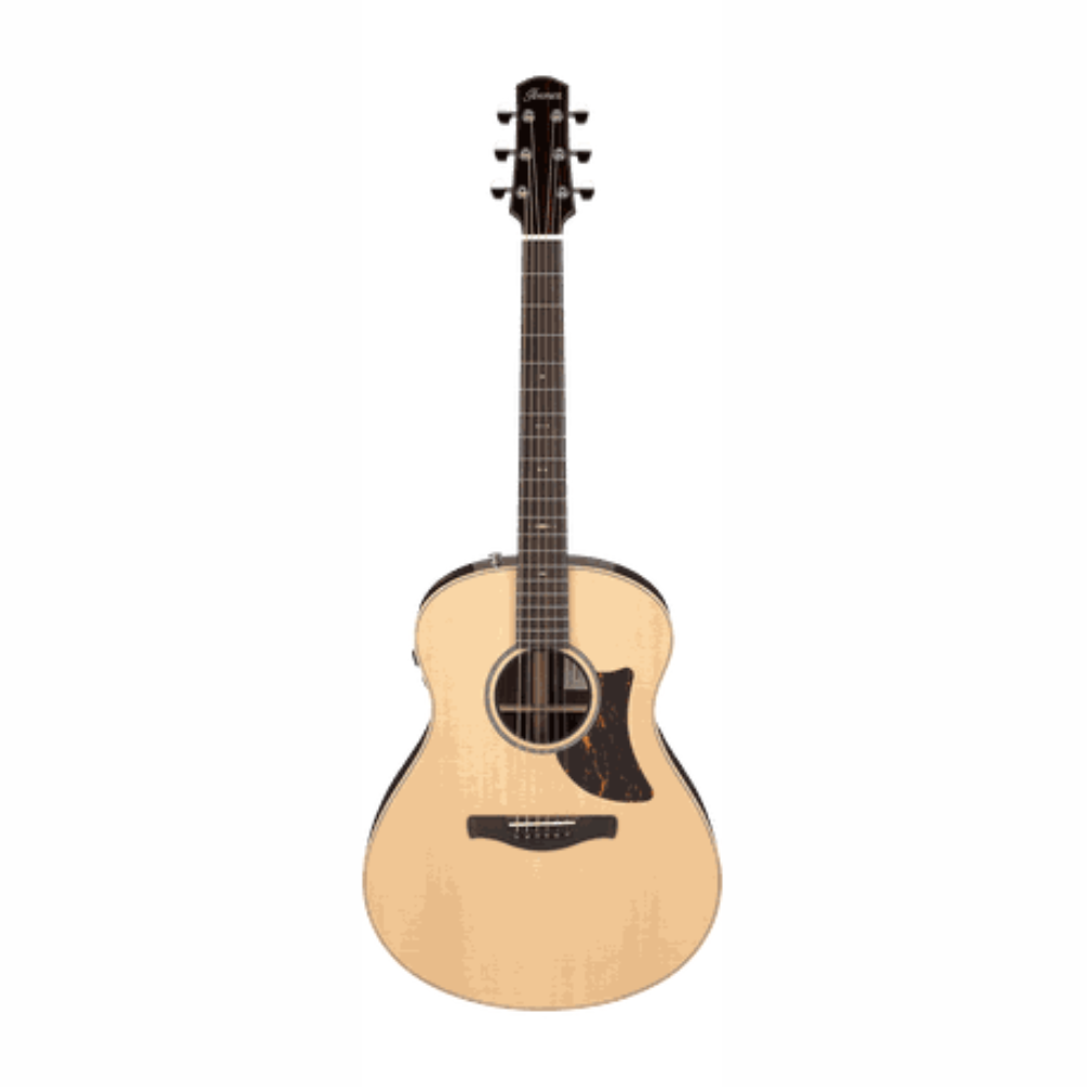 Acoustic guitar with a natural wood finish on a white background