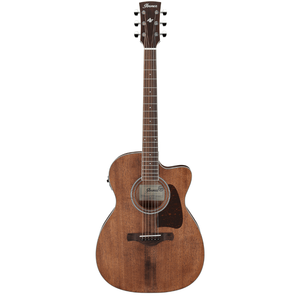 Acoustic guitar with a brown finish on a white background