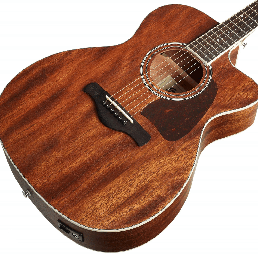 Acoustic guitar with a brown finish on a white background