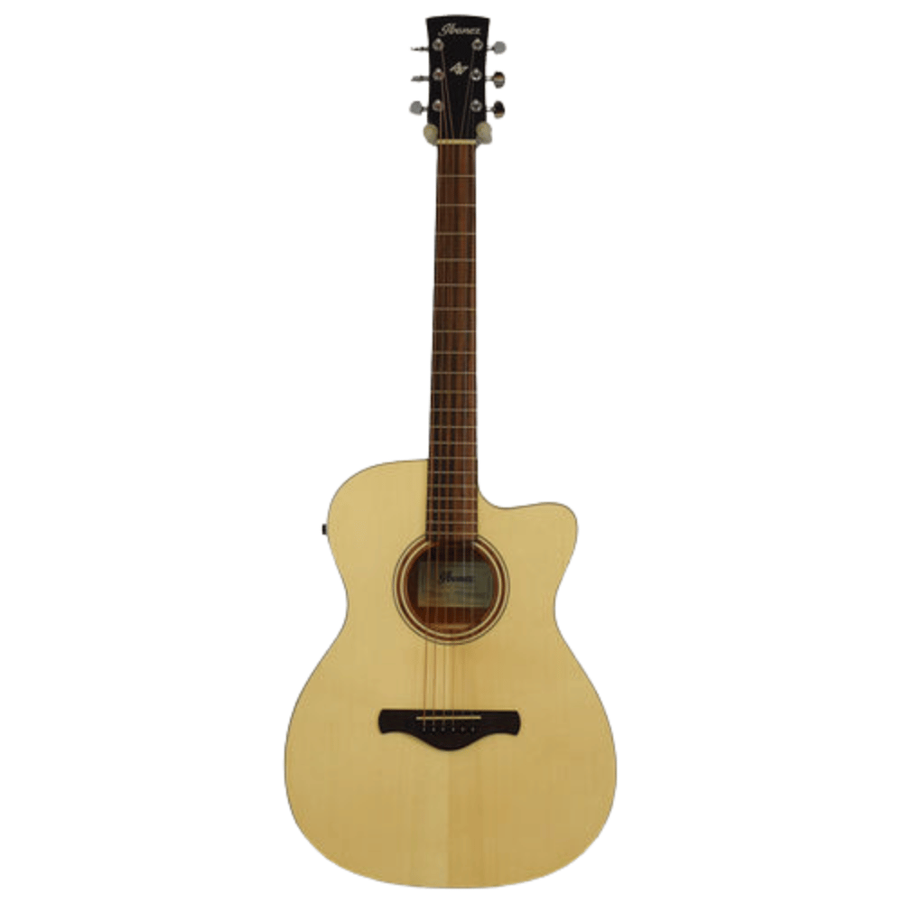 Acoustic guitar with a natural wood finish on a white background
