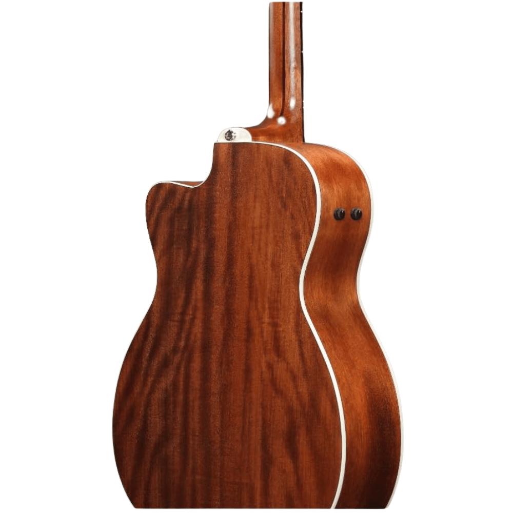 Wooden guitar body with a white pickguard on a white background