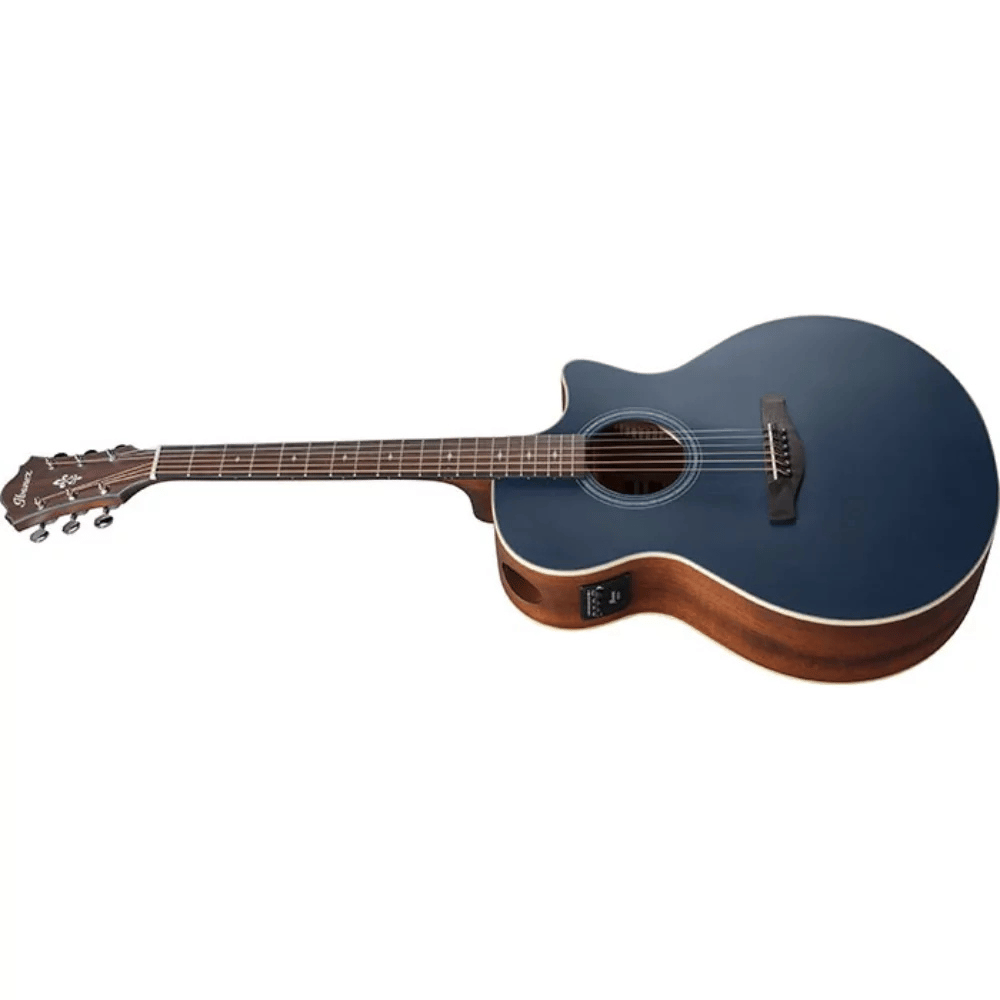 Acoustic guitar with a blue body and brown neck on a white background