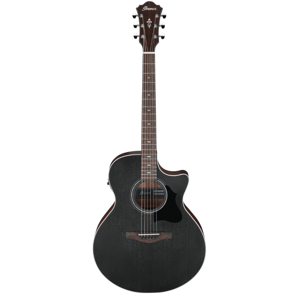 Acoustic guitar with a black finish on a white background
