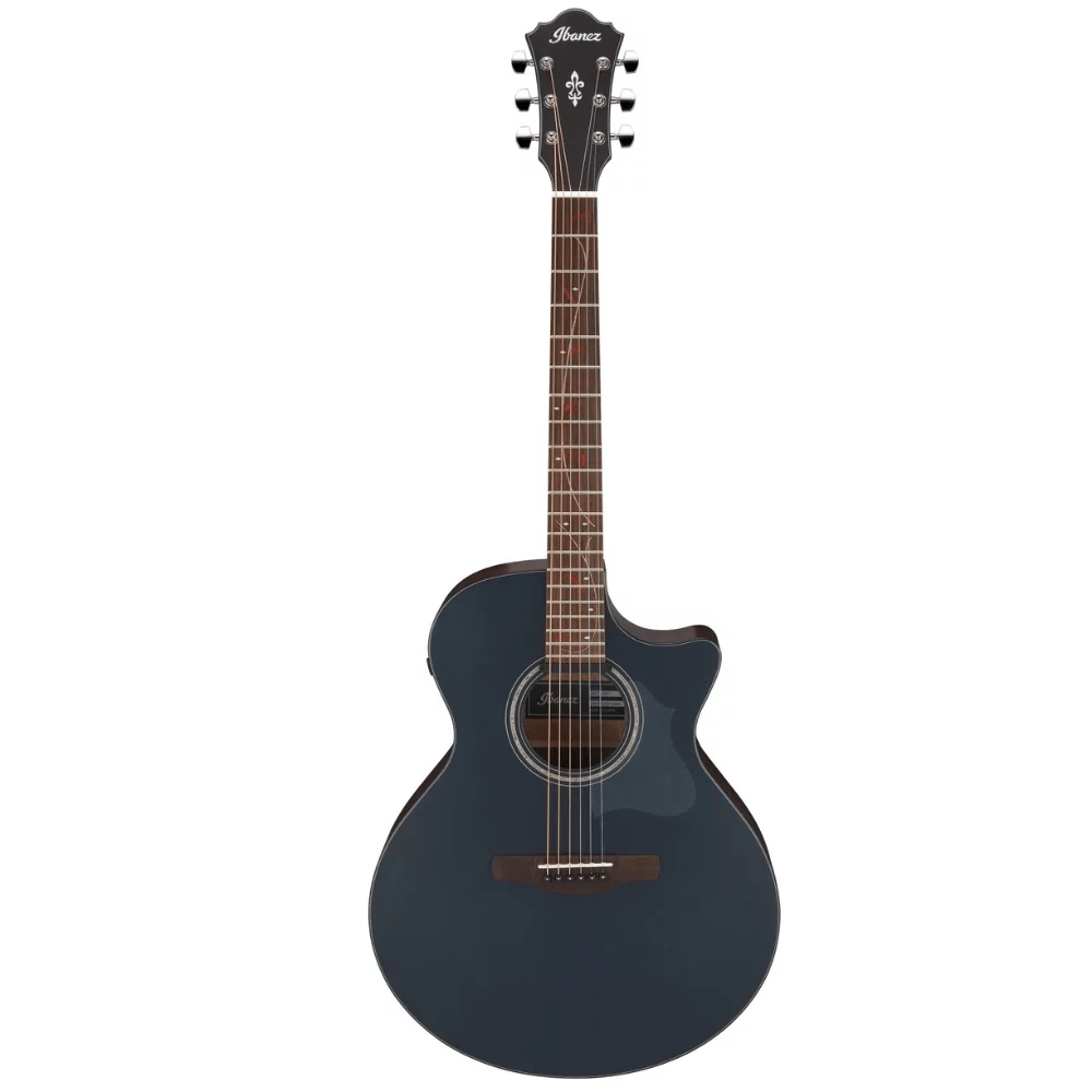 Blue acoustic guitar with a brown neck on a white background