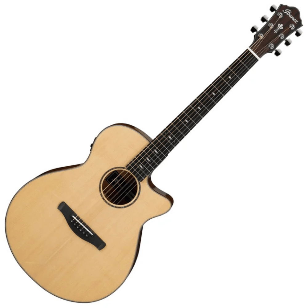Acoustic guitar with a wooden body and neck on a white background
