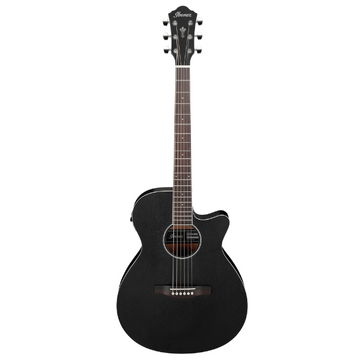 Black acoustic-electric guitar on a white background