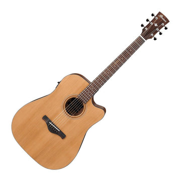 Acoustic guitar with a cutaway design on a white background