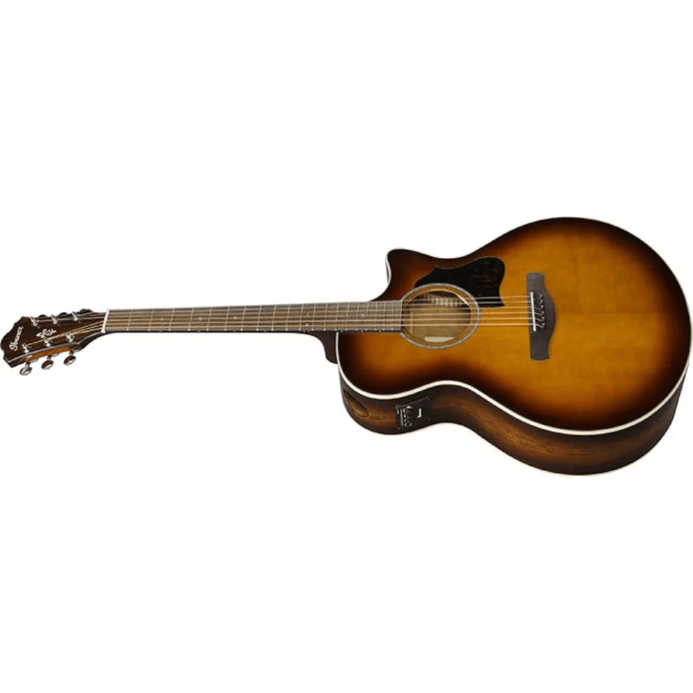 Acoustic guitar with a sunburst finish on a white background