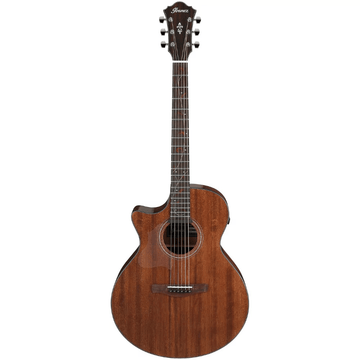 Acoustic guitar with a wooden finish on a white background
