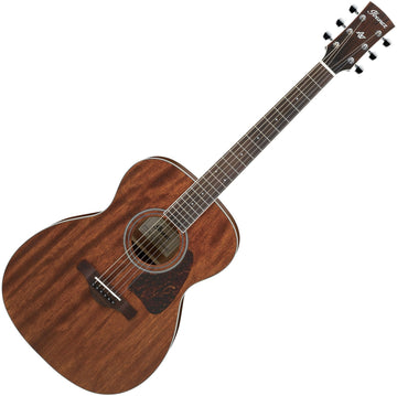 Acoustic guitar with a wooden finish on a white background
