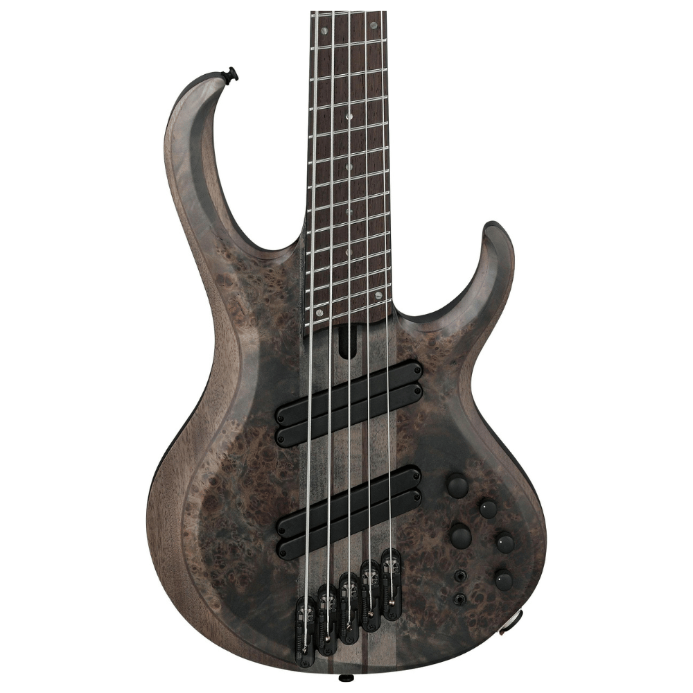 Bass guitar with a black and white pattern on a white background