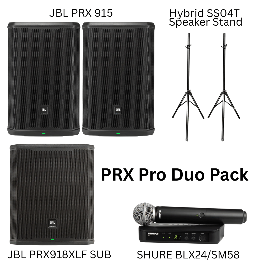 Set of JBL speakers with a Shure wireless microphone and receiver on a white background