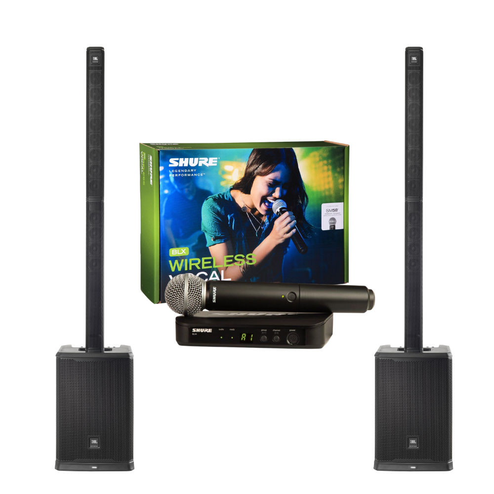 Wireless microphone and speaker system with white background