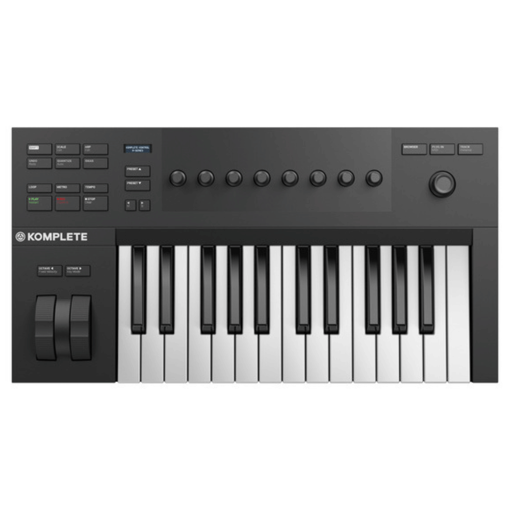 Black keyboard with control panel on a white background