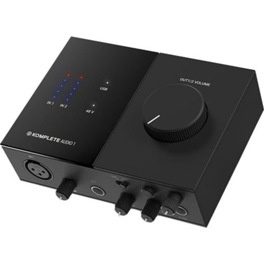 Black audio interface with volume knob and connectivity ports on a white background