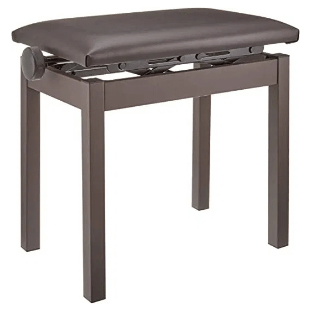 Brown piano bench with cushioned seat on a white background